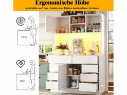 Hot Merax Aparador alto de cocina - 120 x 40 x 183,5 cm - con LED + USB + puertas magnéticas + 8 cajones - MDF - Blanco