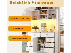 Hot Merax Aparador alto de cocina - 120 x 40 x 183,5 cm - con LED + USB + puertas magnéticas + 8 cajones - MDF - Blanco