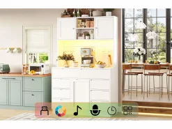 Hot Merax Aparador alto de cocina - 120 x 40 x 183,5 cm - con LED + USB + puertas magnéticas + 8 cajones - MDF - Blanco