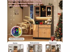 Best Merax Aparador alto de cocina - 105 x 40 x 180 cm - con cajón + 5 puertas + estantes + LED + enchufes - MDF - natural Color natural claro