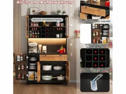 Best Merax Aparador alto de cocina - 105 x 40 x 180 cm - con cajón + 5 puertas + estantes + LED + enchufes - MDF - natural Color natural claro