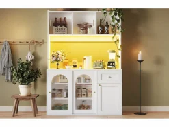 Outlet Merax Aparador alto de cocina - 120 x 35 x 167 cm - con estantes regulables + 3 puertas + 1 cajón + LED - MDF + PB - Blanco