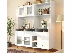 Discount Merax Aparador alto de cocina - 145 x 39 x 171 cm - con 4 puertas de cristal + 5 cajones - MDF - Blanco