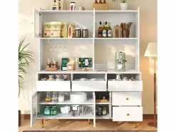 Discount Merax Aparador alto de cocina - 145 x 39 x 171 cm - con 4 puertas de cristal + 5 cajones - MDF - Blanco