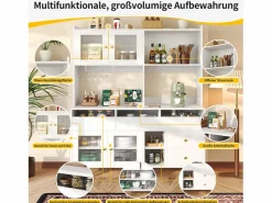Discount Merax Aparador alto de cocina - 145 x 39 x 171 cm - con 4 puertas de cristal + 5 cajones - MDF - Blanco
