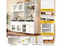 Discount Merax Aparador alto de cocina - 145 x 39 x 171 cm - con 4 puertas de cristal + 5 cajones - MDF - Blanco