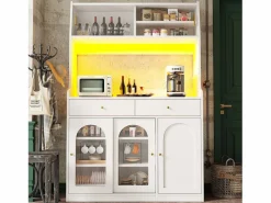 Outlet Merax Aparador alto de cocina - 120 x 40 x 180 cm - con estantes regulables + 2 cajones + 3 puertas + LED - MDF + PB - Blanco