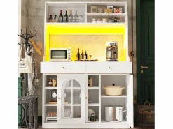 Outlet Merax Aparador alto de cocina - 120 x 40 x 180 cm - con estantes regulables + 2 cajones + 3 puertas + LED - MDF + PB - Blanco
