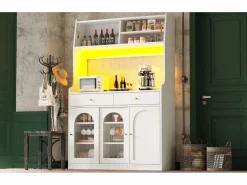 Outlet Merax Aparador alto de cocina - 120 x 40 x 180 cm - con estantes regulables + 2 cajones + 3 puertas + LED - MDF + PB - Blanco