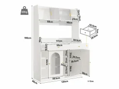Outlet Merax Aparador alto de cocina - 120 x 40 x 180 cm - con estantes regulables + 2 cajones + 3 puertas + LED - MDF + PB - Blanco