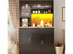 Merax Aparador alto de cocina - 104 x 40 x 180 cm - con LEDs + 4 puertas + 1 cajón + estante - MDF + metal -