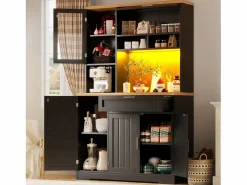 Merax Aparador alto de cocina - 104 x 40 x 180 cm - con LEDs + 4 puertas + 1 cajón + estante - MDF + metal -