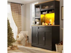 Merax Aparador alto de cocina - 104 x 40 x 180 cm - con LEDs + 4 puertas + 1 cajón + estante - MDF + metal -