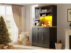 Merax Aparador alto de cocina - 104 x 40 x 180 cm - con LEDs + 4 puertas + 1 cajón + estante - MDF + metal -