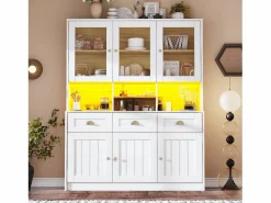 Discount Merax Aparador alto de cocina - 140 x 40 x 175 cm - con puertas + LED + 3 cajones - MDF - Blanco