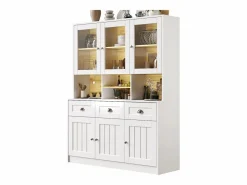 Discount Merax Aparador alto de cocina - 140 x 40 x 175 cm - con puertas + LED + 3 cajones - MDF - Blanco