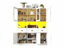 Discount Merax Aparador alto de cocina - 140 x 40 x 175 cm - con puertas + LED + 3 cajones - MDF - Blanco