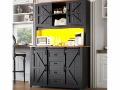 Discount Aparador alto de cocina - 115 x 40 x 174,7 cm - con puertas correderas + cajones + LED - MDF + metal - Aparador De Cocina