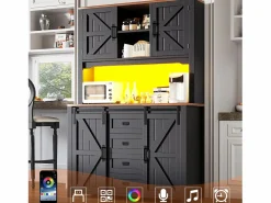 Discount Aparador alto de cocina - 115 x 40 x 174,7 cm - con puertas correderas + cajones + LED - MDF + metal - Aparador De Cocina