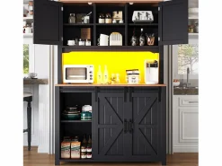 Discount Aparador alto de cocina - 115 x 40 x 174,7 cm - con puertas correderas + cajones + LED - MDF + metal - Aparador De Cocina