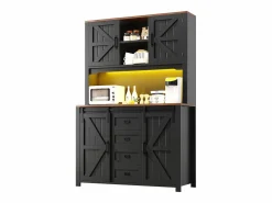 Discount Aparador alto de cocina - 115 x 40 x 174,7 cm - con puertas correderas + cajones + LED - MDF + metal - Aparador De Cocina
