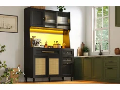 Merax Aparador alto de cocina - 120 x 45 x 195,5 cm - con estantes regulables + 3 cajones + 3 puertas + LED - MDF + ratán PE -