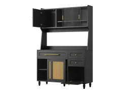 Merax Aparador alto de cocina - 120 x 45 x 195,5 cm - con estantes regulables + 3 cajones + 3 puertas + LED - MDF + ratán PE -