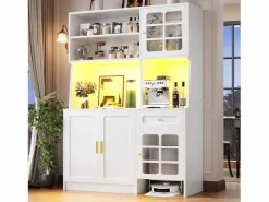 Merax Aparador alto de cocina - 130 x 45 x 180 cm - con puertas de cristal + LEDs + cajón + estante - MDF -
