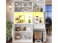 Merax Aparador alto de cocina - 130 x 45 x 180 cm - con puertas de cristal + LEDs + cajón + estante - MDF -