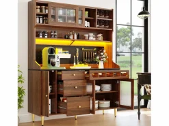 Outlet Aparador alto de cocina - 145 x 39 x 171 cm - con LEDs + botellero + puertas de cristal + 3 cajones - cristal + MDF - natural Aparador De Cocina