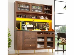 Outlet Aparador alto de cocina - 145 x 39 x 171 cm - con LEDs + botellero + puertas de cristal + 3 cajones - cristal + MDF - natural Aparador De Cocina