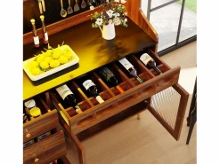 Outlet Aparador alto de cocina - 145 x 39 x 171 cm - con LEDs + botellero + puertas de cristal + 3 cajones - cristal + MDF - natural Aparador De Cocina