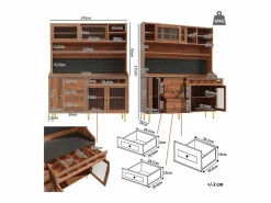 Outlet Aparador alto de cocina - 145 x 39 x 171 cm - con LEDs + botellero + puertas de cristal + 3 cajones - cristal + MDF - natural Aparador De Cocina