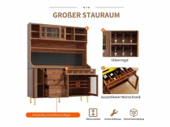 Outlet Aparador alto de cocina - 145 x 39 x 171 cm - con LEDs + botellero + puertas de cristal + 3 cajones - cristal + MDF - natural Aparador De Cocina