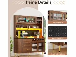 Outlet Aparador alto de cocina - 145 x 39 x 171 cm - con LEDs + botellero + puertas de cristal + 3 cajones - cristal + MDF - natural Aparador De Cocina