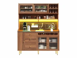Outlet Aparador alto de cocina - 145 x 39 x 171 cm - con LEDs + botellero + puertas de cristal + 3 cajones - cristal + MDF - natural Aparador De Cocina