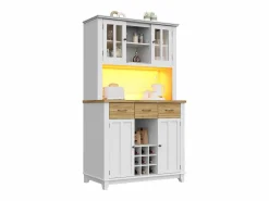 Hot Merax Aparador alto de cocina con 4 puertas + 3 cajones + estante + luces LED - 106 x 40 x 179,5 cm - MDF - + natural Blanco