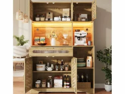 Clearance Aparador alto de cocina para salón - 120 x 40 x 180 cm - con 1 cajón + 6 puertas + LED - Cristal + MDF + metal - natural Aparador De Cocina