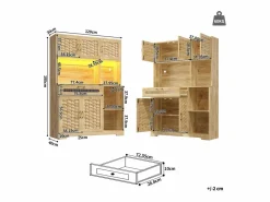 Clearance Aparador alto de cocina para salón - 120 x 40 x 180 cm - con 1 cajón + 6 puertas + LED - Cristal + MDF + metal - natural Aparador De Cocina