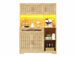 Clearance Aparador alto de cocina para salón - 120 x 40 x 180 cm - con 1 cajón + 6 puertas + LED - Cristal + MDF + metal - natural Aparador De Cocina