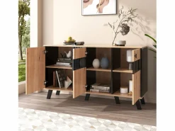 Hot Merax Aparador bajo - Decoración artesanal de roble y negro - 3 puertas de cristal y tableros de partículas - An 140 x Al 78 x Pr 41 cm Color natural claro