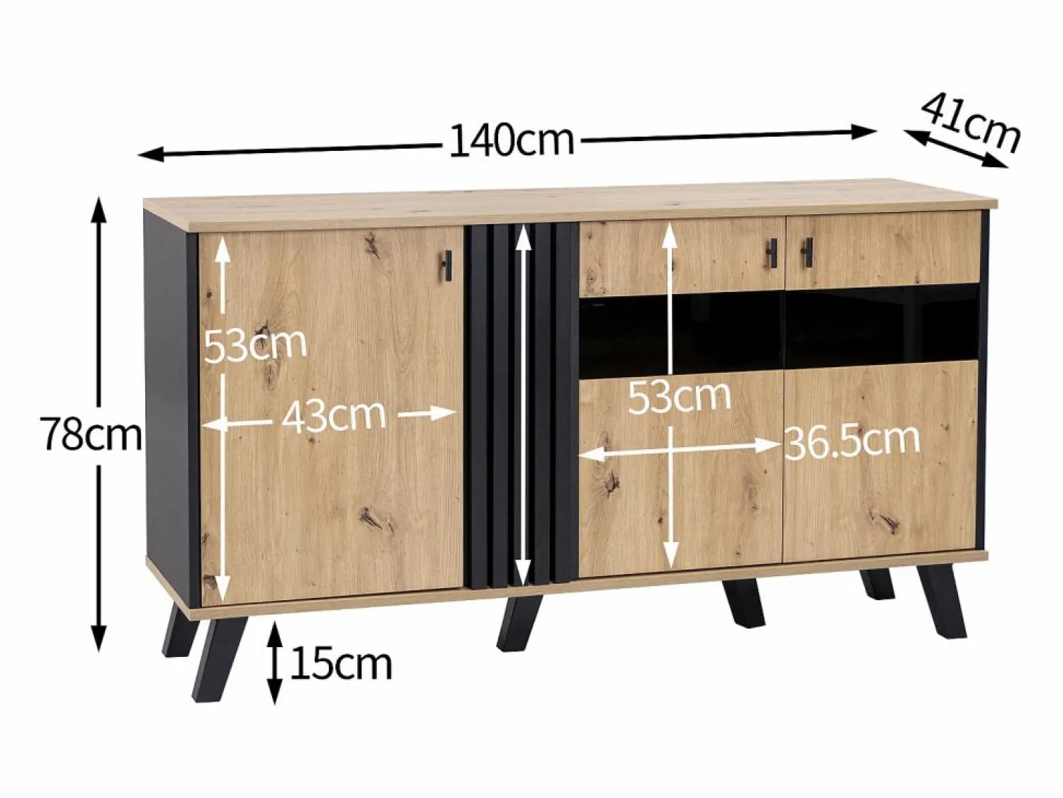 Hot Merax Aparador bajo - Decoración artesanal de roble y negro - 3 puertas de cristal y tableros de partículas - An 140 x Al 78 x Pr 41 cm Color natural claro