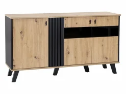 Hot Merax Aparador bajo - Decoración artesanal de roble y negro - 3 puertas de cristal y tableros de partículas - An 140 x Al 78 x Pr 41 cm Color natural claro