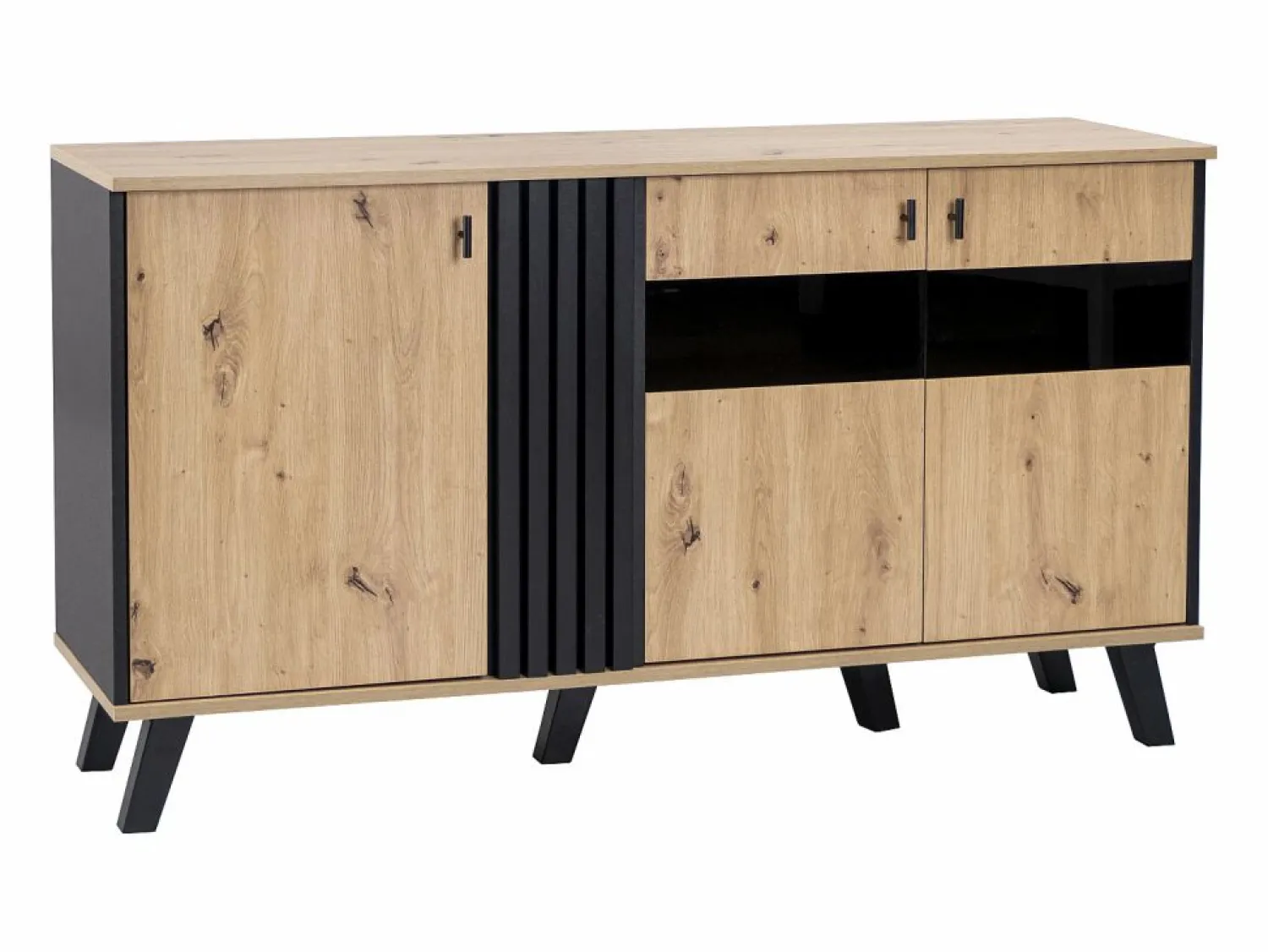 Hot Merax Aparador bajo - Decoración artesanal de roble y negro - 3 puertas de cristal y tableros de partículas - An 140 x Al 78 x Pr 41 cm Color natural claro