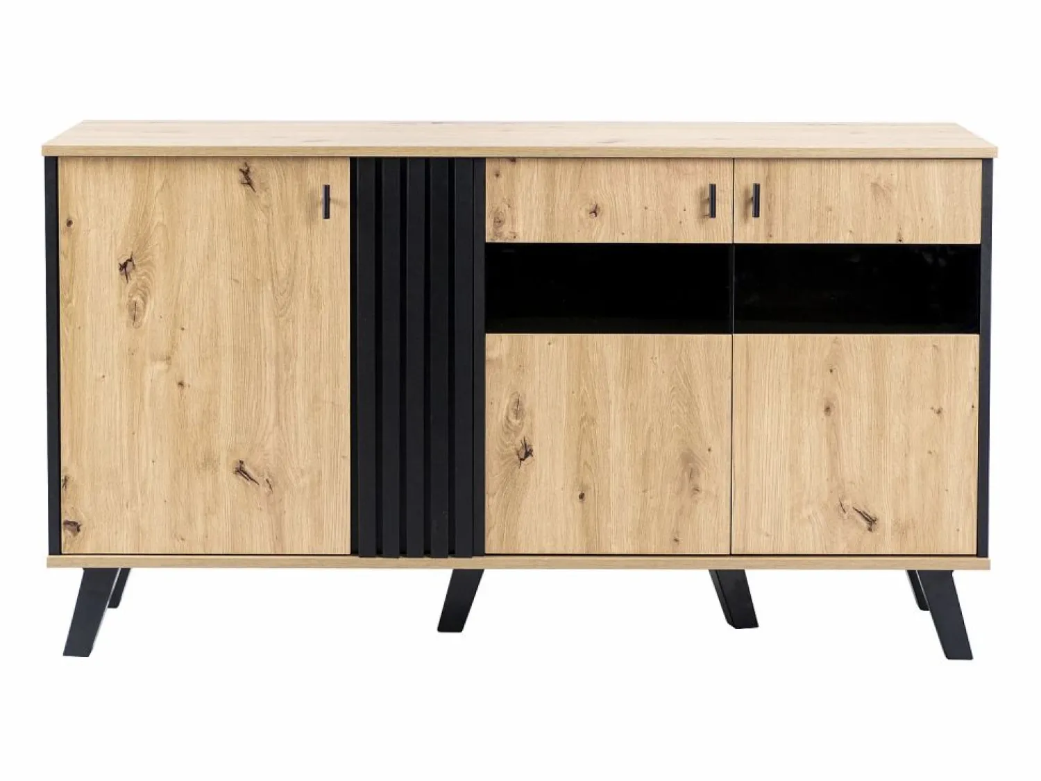 Hot Merax Aparador bajo - Decoración artesanal de roble y negro - 3 puertas de cristal y tableros de partículas - An 140 x Al 78 x Pr 41 cm Color natural claro