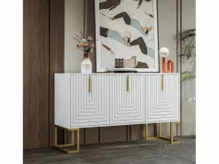 Discount Aparador bajo de 3 puertas con estantes regulables - 138x40x80,5cm - Madera MDF y metal dorado - Aparador