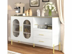Discount Aparador con 2 cajones y 2 puertas de cristal, tiradores y patas dorados - para salón y comedor Aparador De Cocina