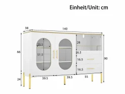 Discount Aparador con 2 cajones y 2 puertas de cristal, tiradores y patas dorados - para salón y comedor Aparador De Cocina