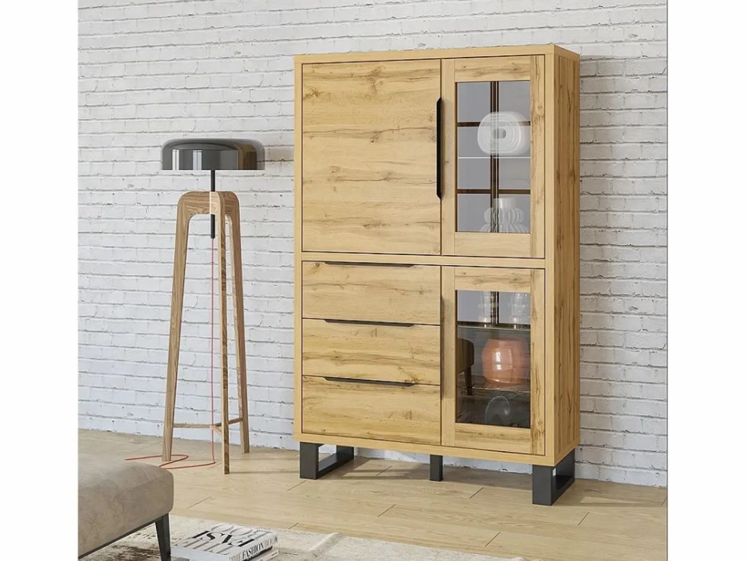Meublorama Aparador color roble colección MILO. Acabados en negro. Mueble ideal para su comedor.