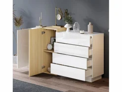 Clearance Aparador con 3 cajones y 4 puertas - 160 x 37 x 75 cm - Madera MDF - Color brillo y madera Aparador De Cocina